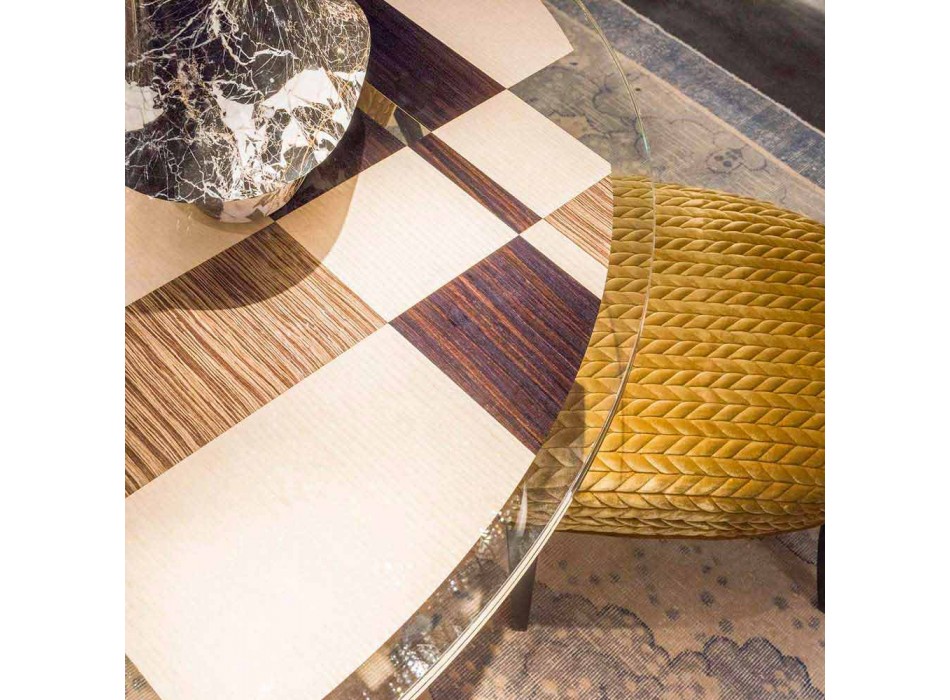 Okrągły stół Modeno ze szklanym blatem i drewnianymi wkładami Ozzy Viadurini