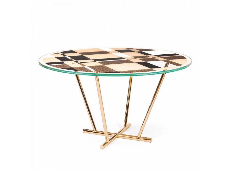 Okrągły stół Modeno ze szklanym blatem i drewnianymi wkładami Ozzy Viadurini