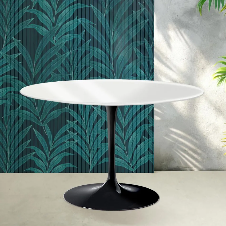 Okrągły stół Saarinen Tulip H 74 cm w połyskującej białej ceramice Florim - Scarlet Viadurini