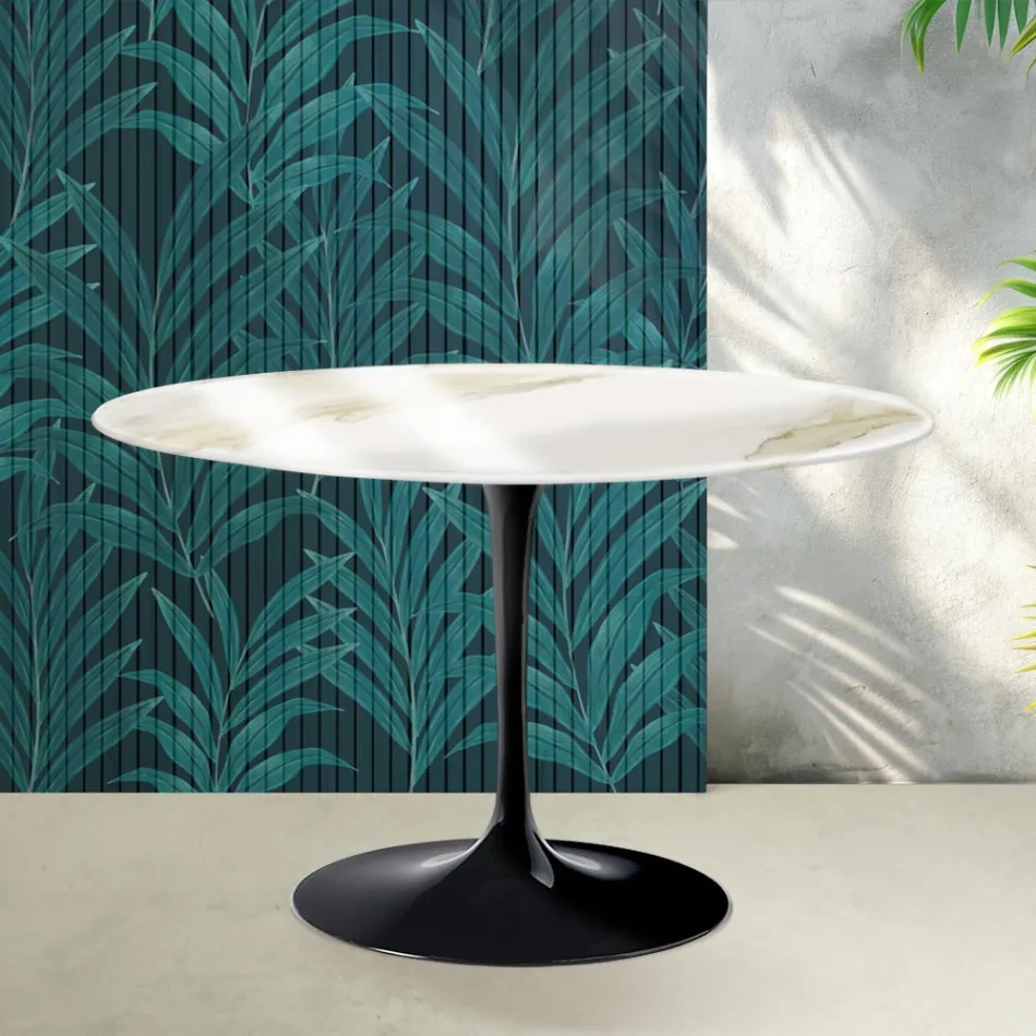 Okrągły stół Saarinen Tulip H 74 cm z ceramiki Florim Calacatta Gold Gloss w kolorze szkarłatnym Viadurini