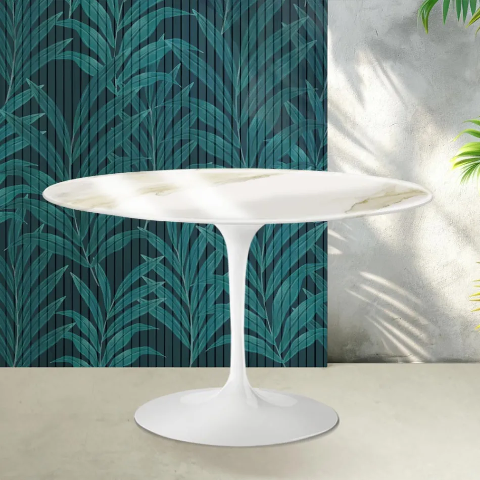 Okrągły stół Saarinen Tulip H 74 cm z ceramiki Florim Calacatta Gold Gloss w kolorze szkarłatnym Viadurini