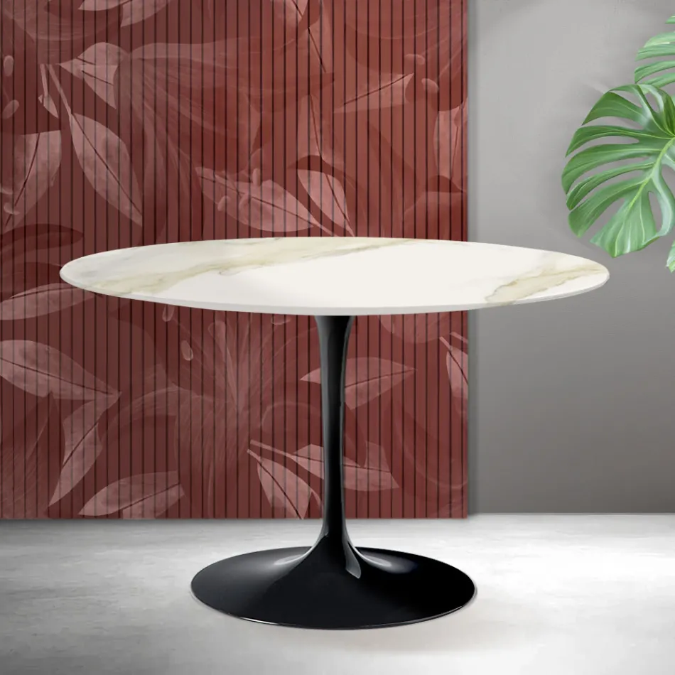 Okrągły stół Saarinen Tulip H 74 cm z ceramiki Florim Calacatta Gold Matt - Scarlet Viadurini