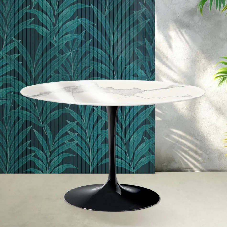 Okrągły stolik Saarinen Tulip, wys. 74 cm, z błyszczącej ceramiki Statuario Florim w kolorze szkarłatnym Viadurini