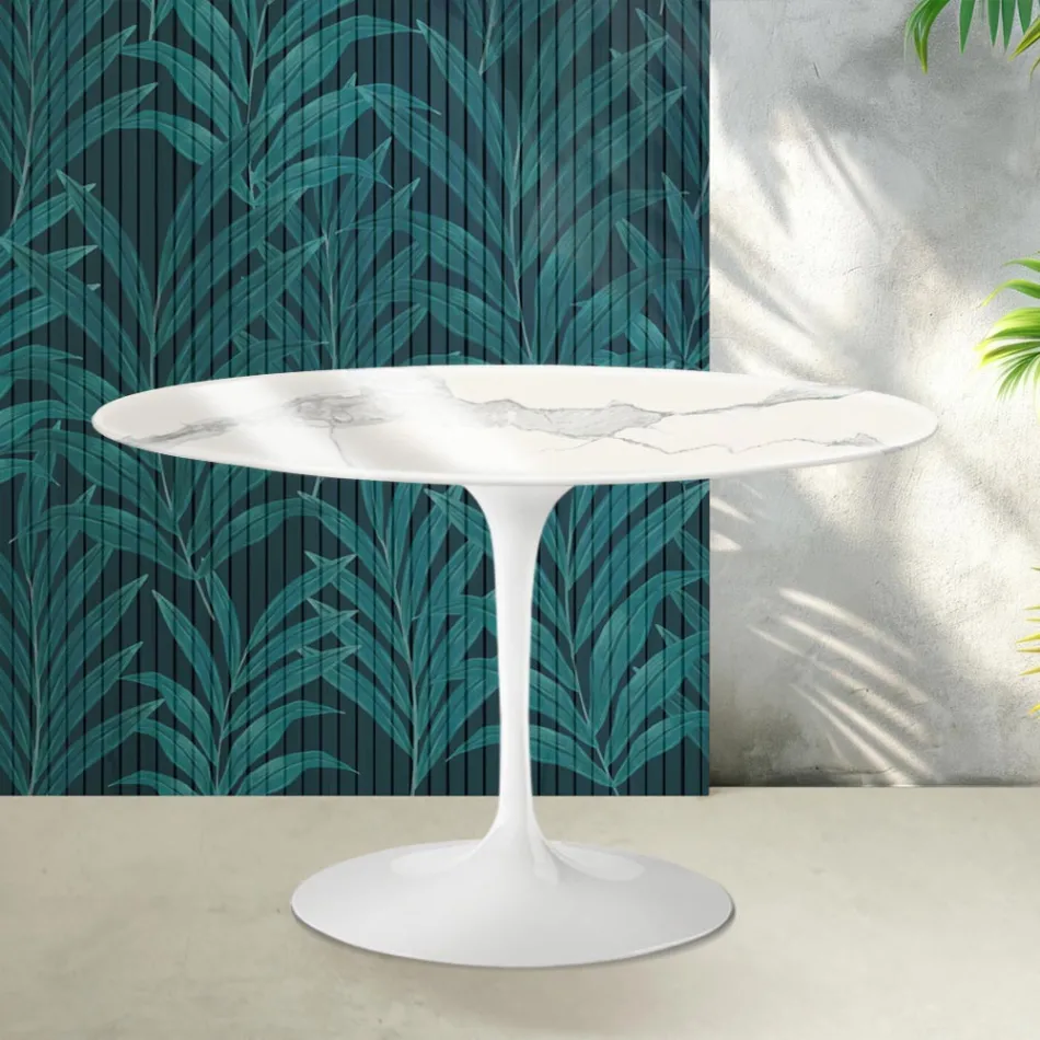 Okrągły stolik Saarinen Tulip, wys. 74 cm, z błyszczącej ceramiki Statuario Florim w kolorze szkarłatnym Viadurini