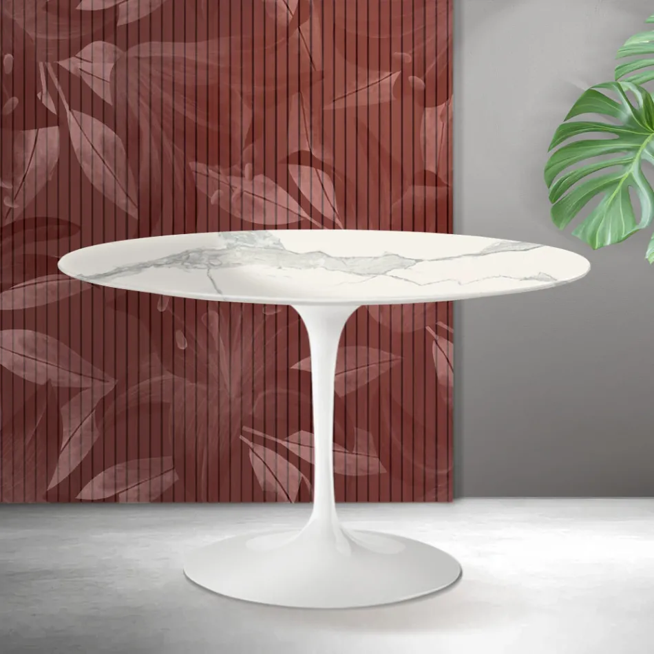 Okrągły stół Saarinen Tulip H 74 cm z matowej ceramiki Florim Statuario w kolorze szkarłatnym Viadurini