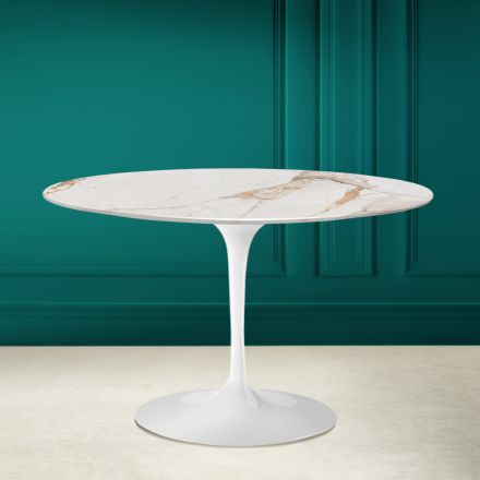 Okrągły stół Tulip Saarinen H 73 z antycznej białej ceramiki Calacatta Viadurini