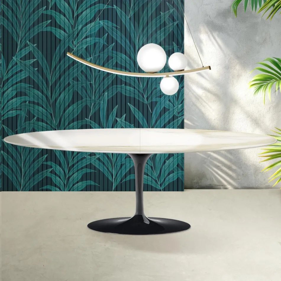 Stół Saarinen Tulip H 74 cm rozkładany z ceramiki Florim Calacatta Gold Gloss w kolorze szkarłatnym Viadurini