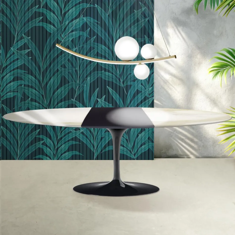 Stół Saarinen Tulip H 74 cm rozkładany z ceramiki Florim Calacatta Gold Gloss w kolorze szkarłatnym Viadurini