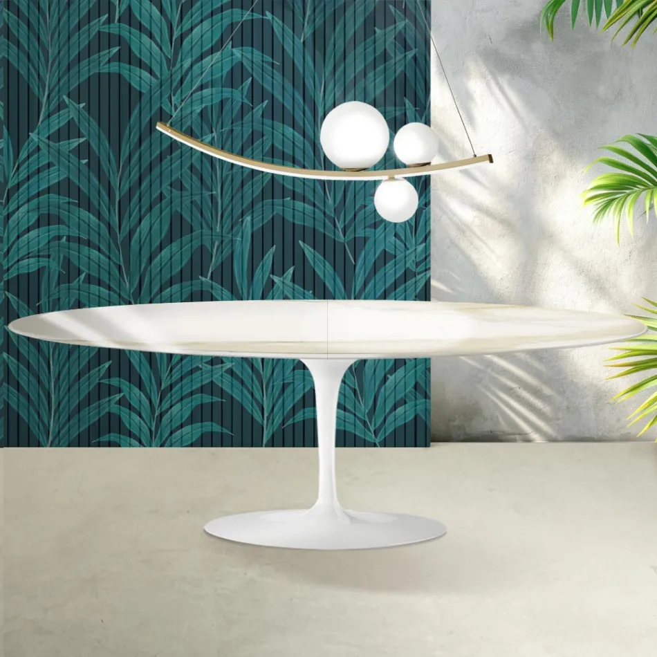 Stół Saarinen Tulip H 74 cm rozkładany z ceramiki Florim Calacatta Gold Gloss w kolorze szkarłatnym Viadurini