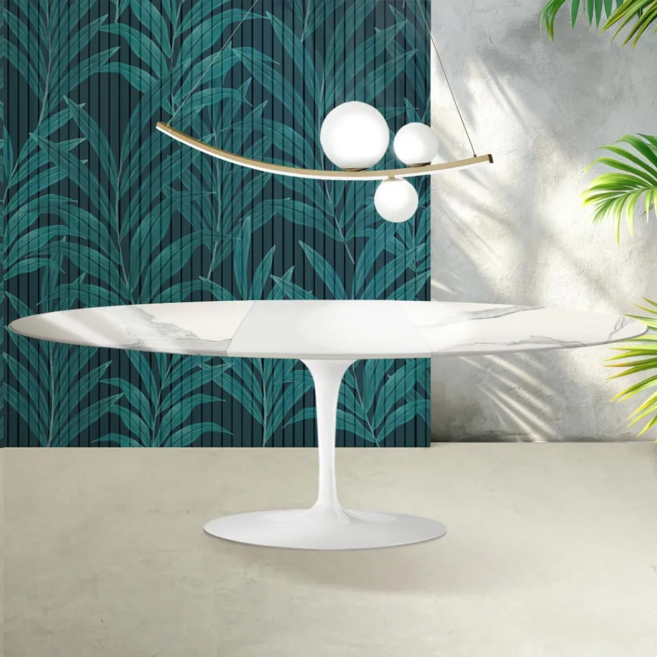 Stół Saarinen Tulip H 74 cm rozkładany z błyszczącej ceramiki Florim Statuario w kolorze szkarłatnym Viadurini