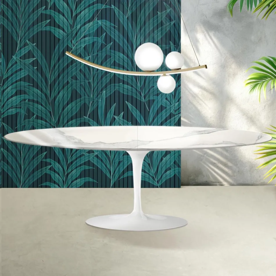 Stół Saarinen Tulip H 74 cm rozkładany z ceramiki Florim Statuario Glossy w kolorze szkarłatnym Viadurini