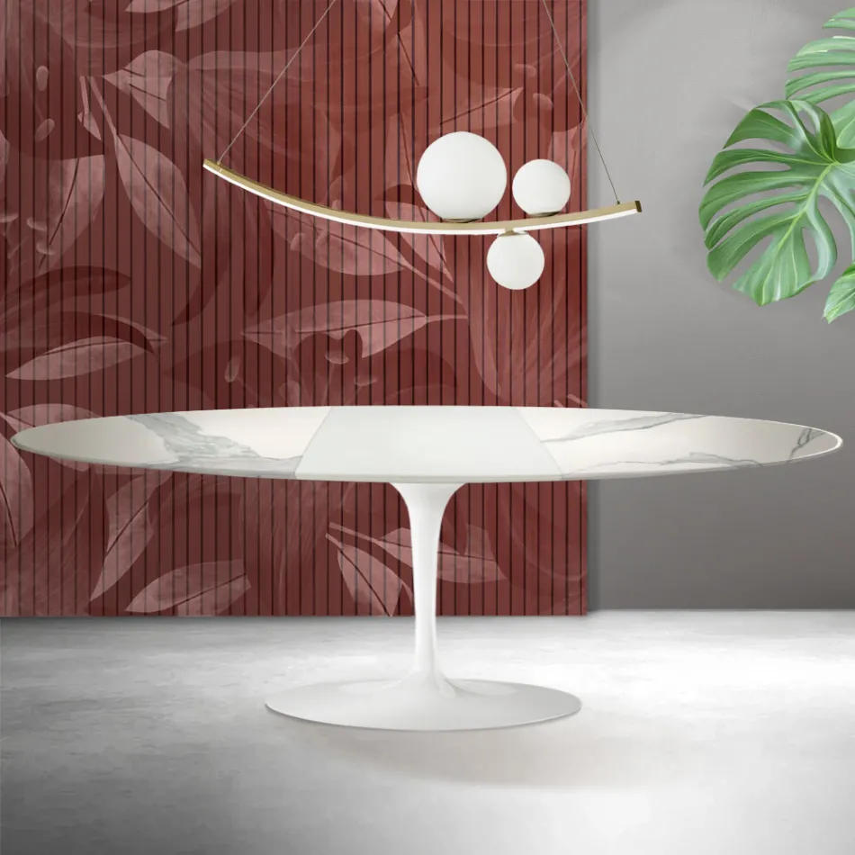 Stół Saarinen Tulip H 74 cm rozkładany z matowej ceramiki Florim Statuario w kolorze szkarłatnym Viadurini