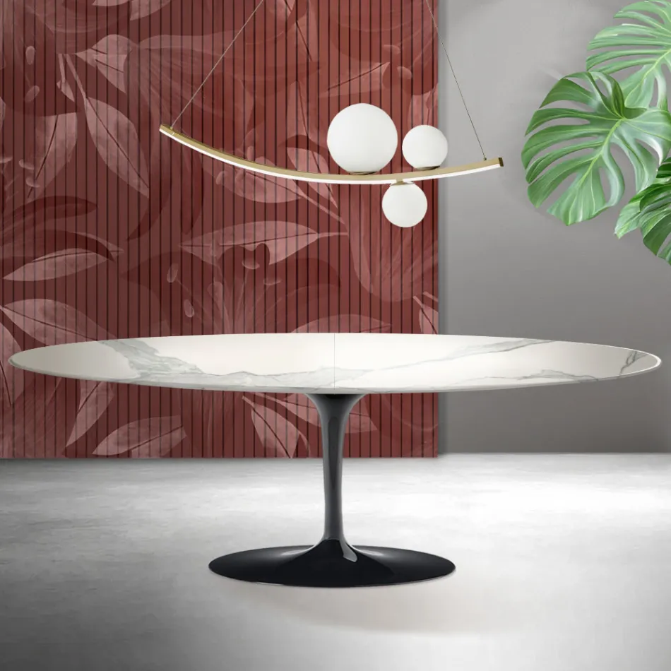 Stół Saarinen Tulip H 74 cm rozkładany z matowej ceramiki Florim Statuario w kolorze szkarłatnym Viadurini