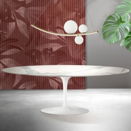 Stół Saarinen Tulip H 74 cm rozkładany z ceramiki Florim Statuario Matt w kolorze szkarłatnym Viadurini