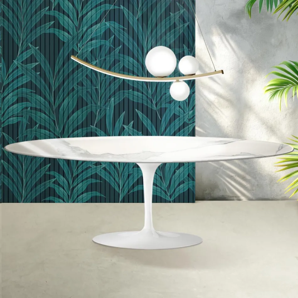 Stół Tulip Saarinen wys. 74 cm z ceramiki Florim Statuario Lucido - Scarlet Viadurini