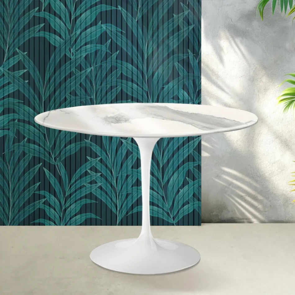 Stół Tulip Saarinen H 74 cm z ceramiki Florim Statuario Lucido - Scarlet Viadurini