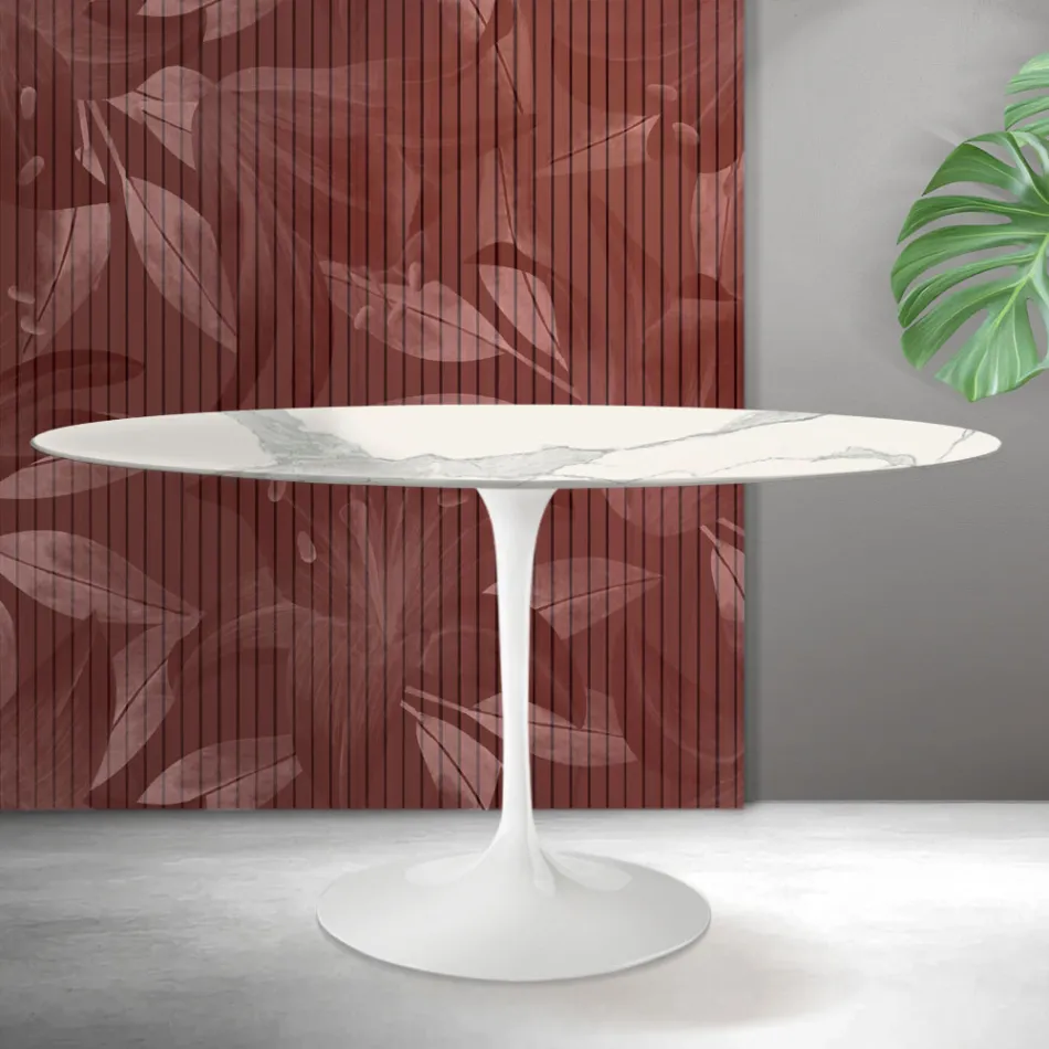 Stolik Saarinen Tulip H 74 cm okrągły z matowej ceramiki Florim Statuario w kolorze szkarłatnym Viadurini
