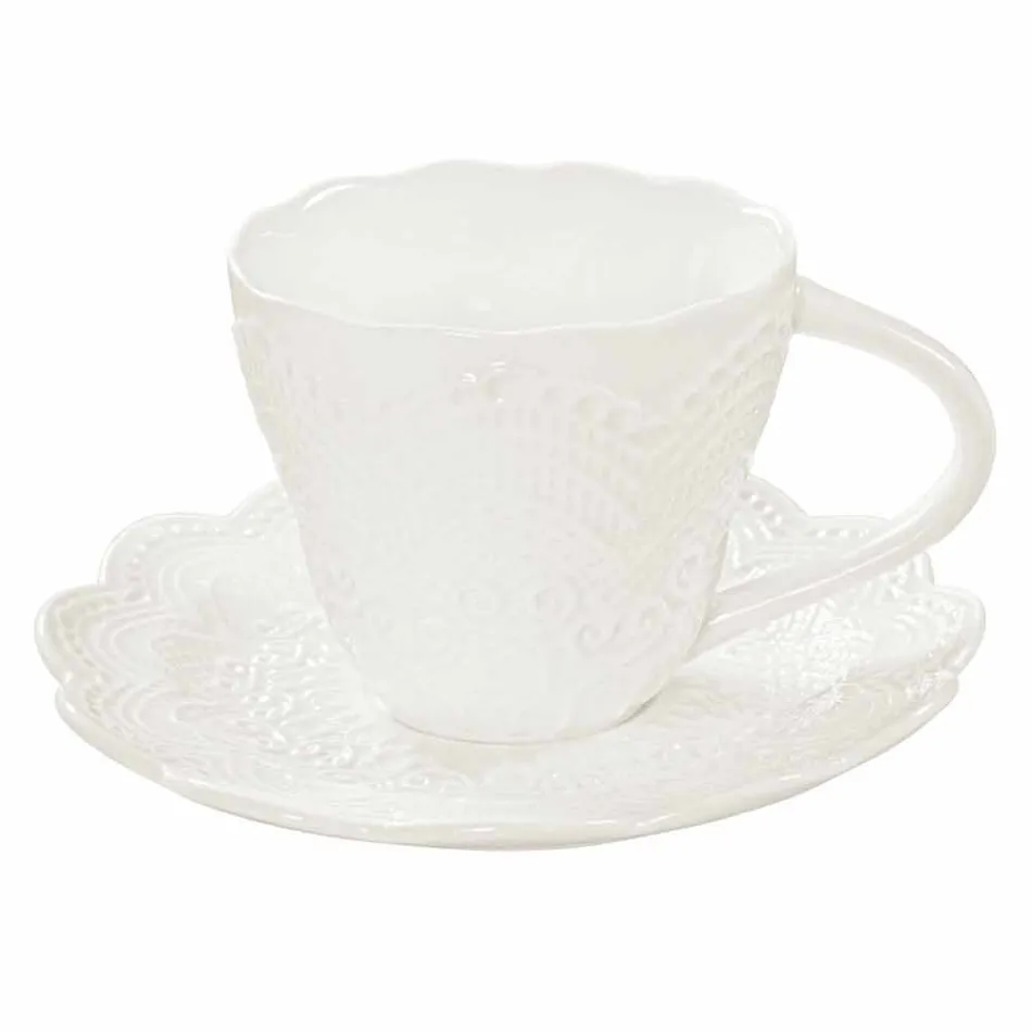 Filiżanki do herbaty w białej porcelanie zdobione 6 sztuk Shabby Design - Rafiki Viadurini
