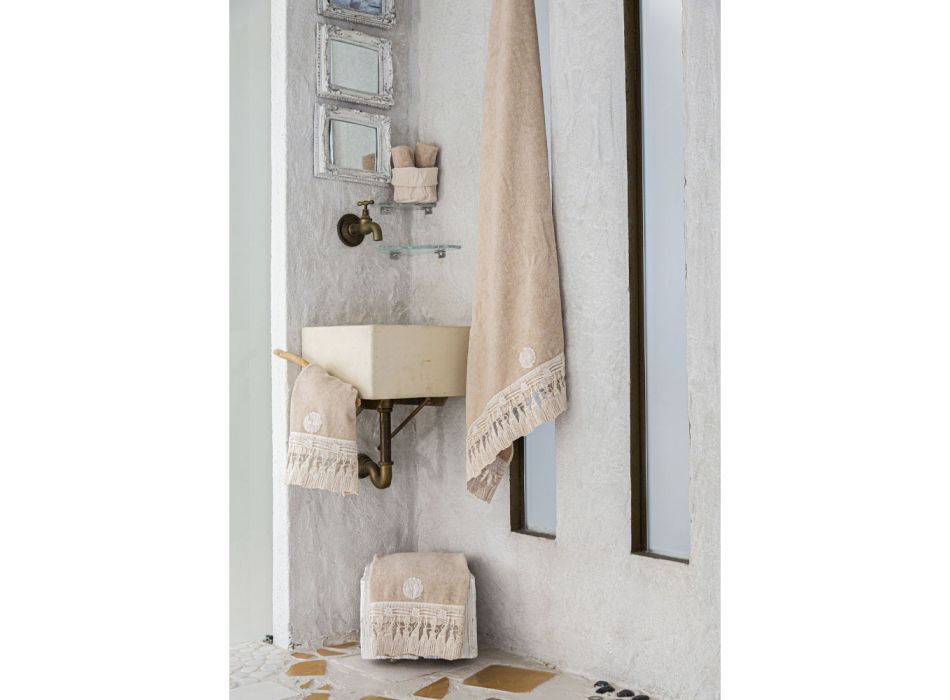 Bawełniany ręcznik kąpielowy frotte z włoską luksusową koronką z frędzlami - Arafico Viadurini