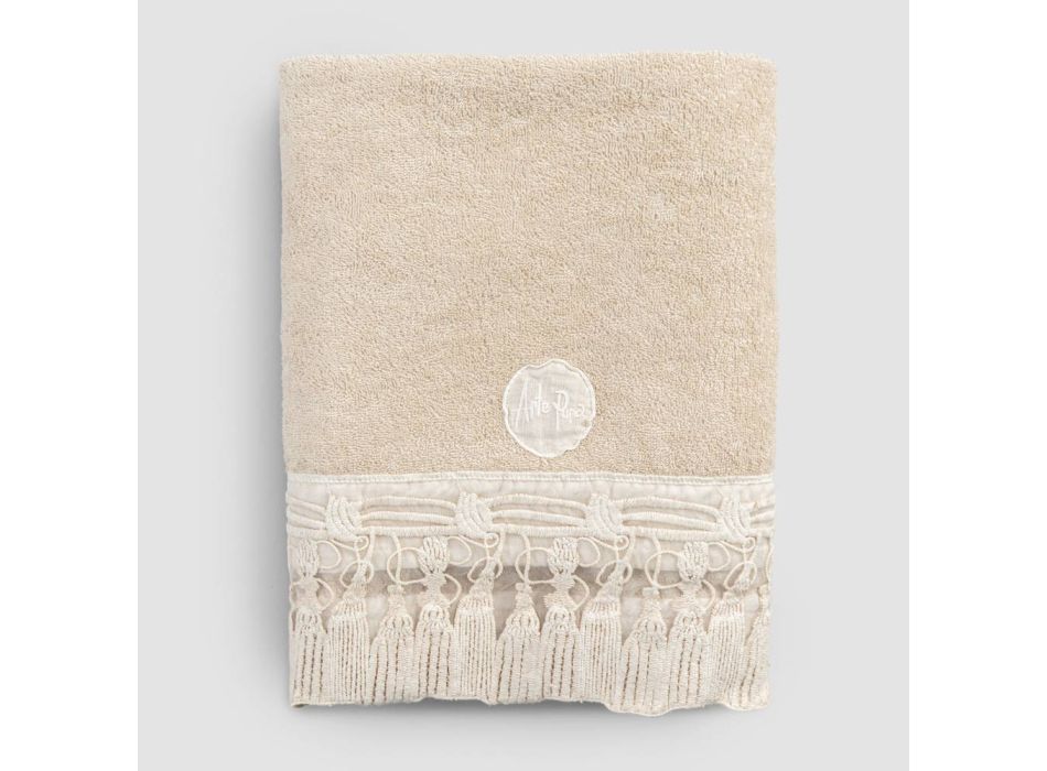 Włoski luksusowy ręcznik kąpielowy frotte z bawełny z koronką z frędzlami - Arafico Viadurini