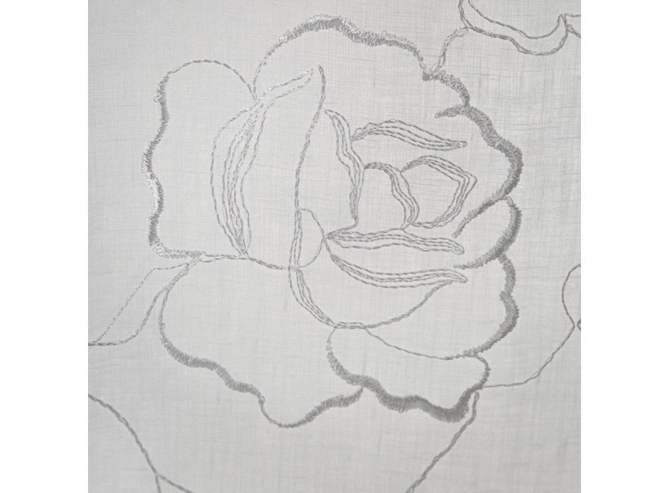 Biała zasłona z lnianej gazy i organzy z eleganckim haftem w kształcie róży - Mariarosa Viadurini