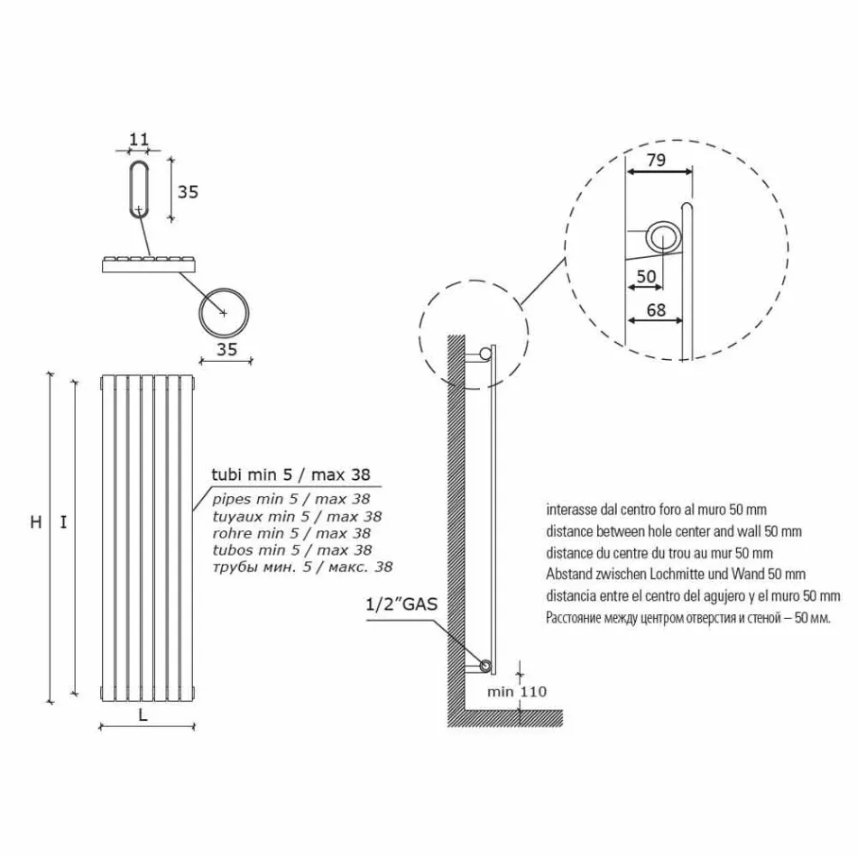 Pionowy hydrauliczny grzejnik ścienny o nowoczesnym designie do 1224 Watt - Regolo Viadurini