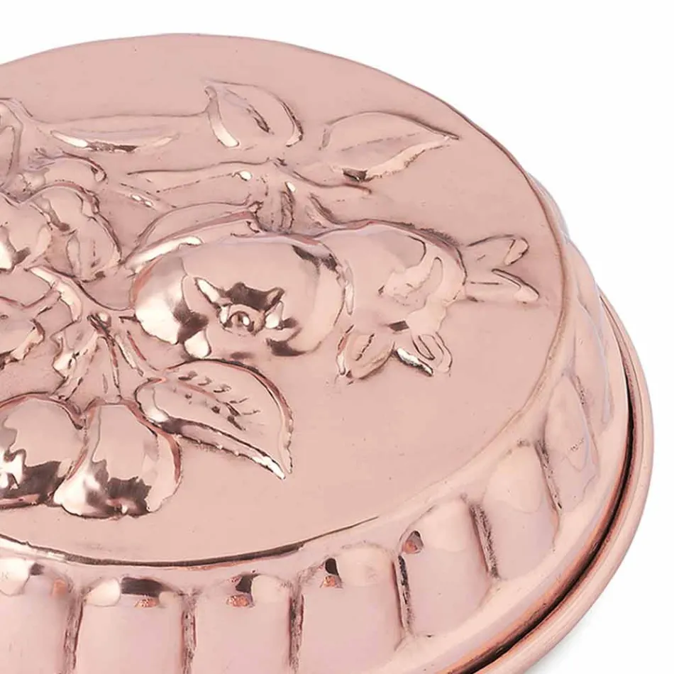 Okrągła, ręcznie cynowana, miedziana patelnia do ciasta z dekoracją owocową 28 cm - Gianmattia Viadurini