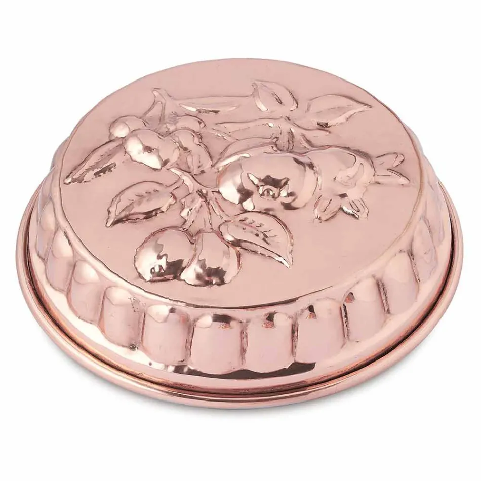 Okrągła, ręcznie cynowana, miedziana patelnia do ciasta z dekoracją owocową 28 cm - Gianmattia Viadurini