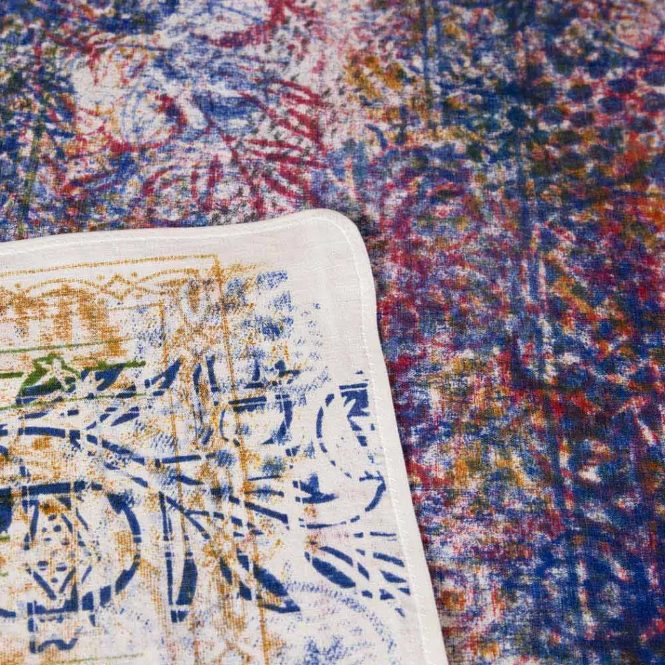 Obrus włoskiej sztuki z ręcznie drukowanym bawełnianym jednoczęściowym - marki Viadurini