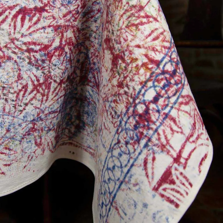 Obrus włoskiej sztuki z ręcznie drukowanym bawełnianym jednoczęściowym - marki Viadurini