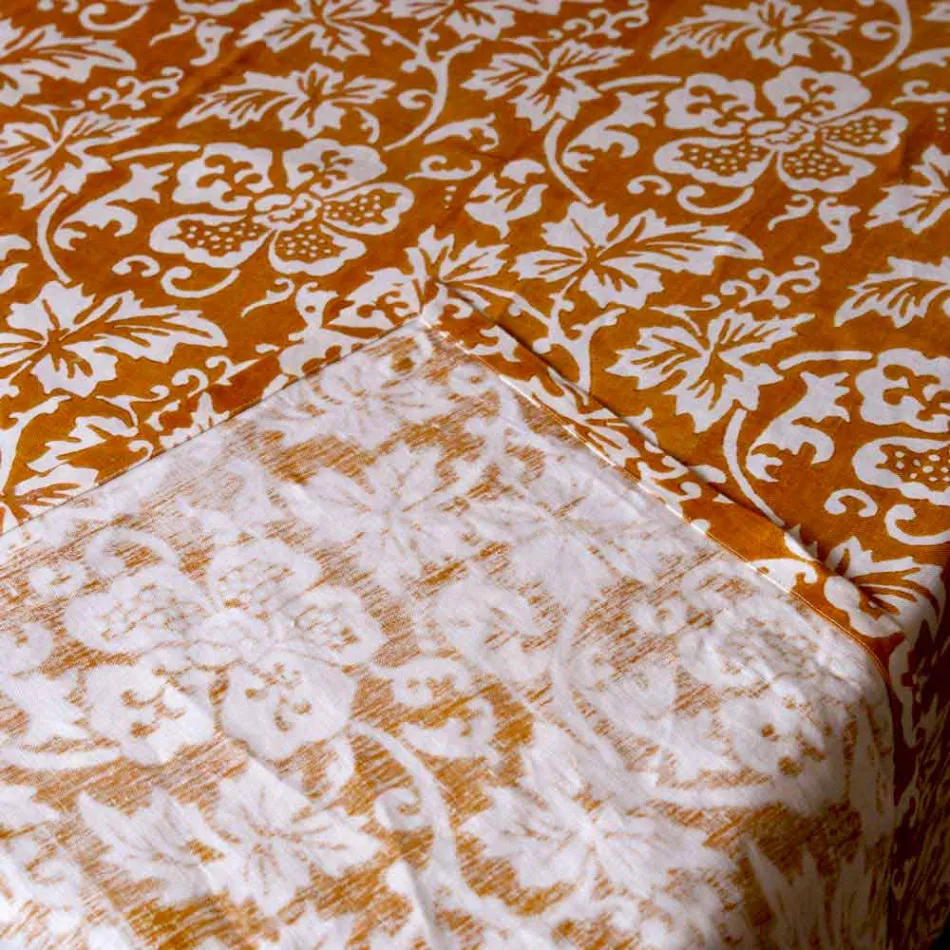 100% włoski ręcznie robiony obrus lniany z jednoczęściowym nadrukiem ręcznym - marki Viadurini