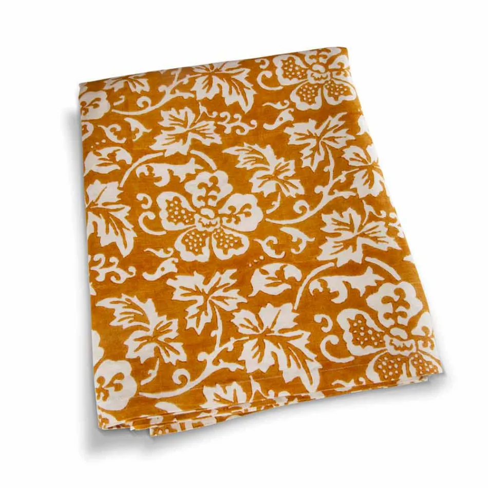 100% włoski ręcznie robiony obrus lniany z jednoczęściowym nadrukiem ręcznym - marki Viadurini