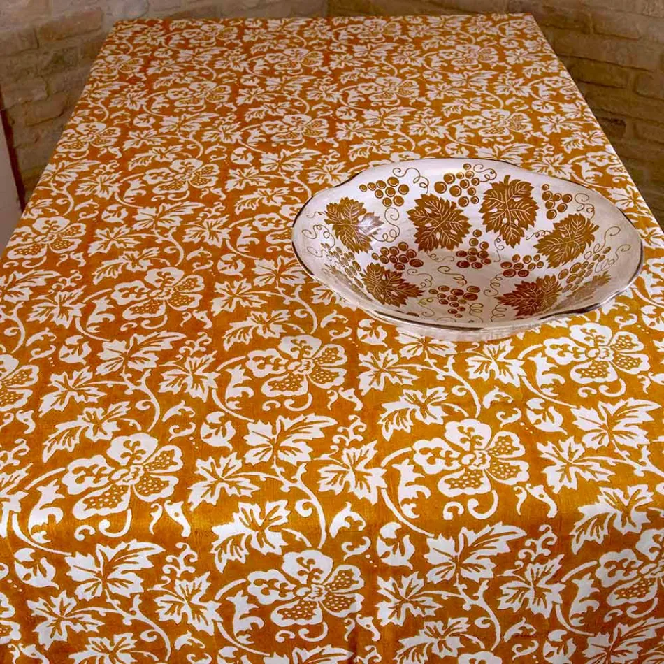 100% włoski ręcznie robiony obrus lniany z jednoczęściowym nadrukiem ręcznym - marki Viadurini