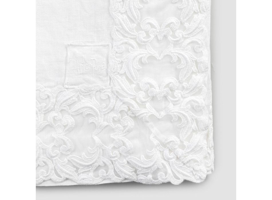 Biały lniany lub maślany obrus z prostokątnym wzorem Farnese Lace - Kippel Viadurini