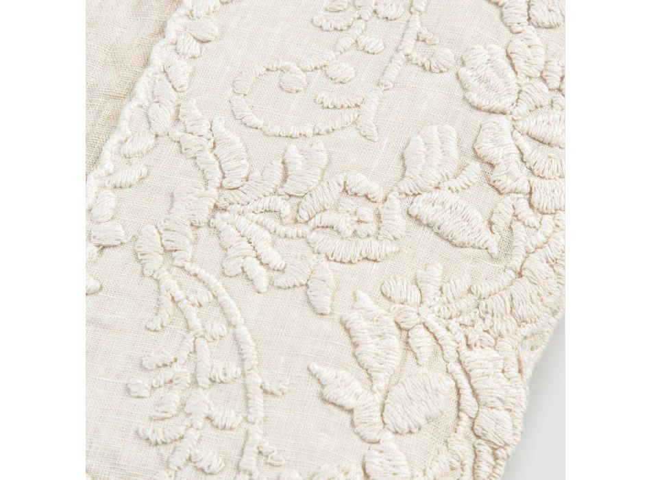Beżowy lniany kwadratowy obrus z luksusowym, ręcznie wykonanym haftem w kształcie płatków - Vippel Viadurini