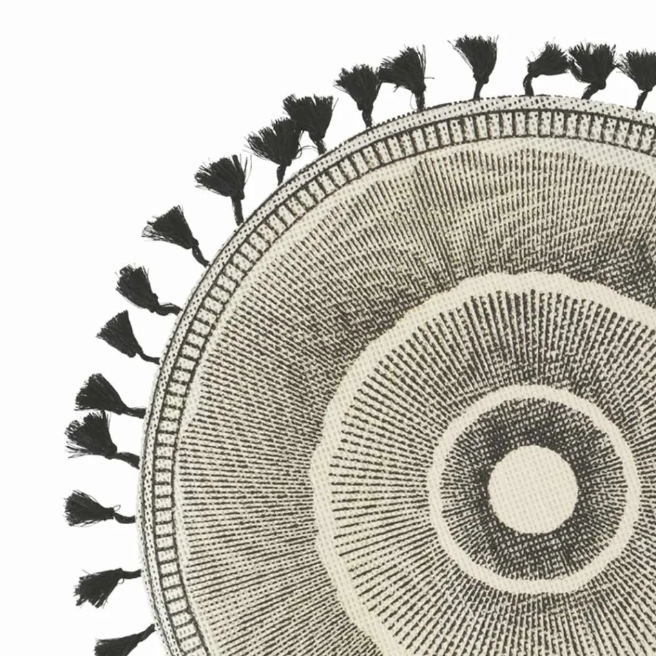 Okrągła podkładka śniadaniowa z juty z czarnymi frędzlami 12 sztuk - Casside Viadurini