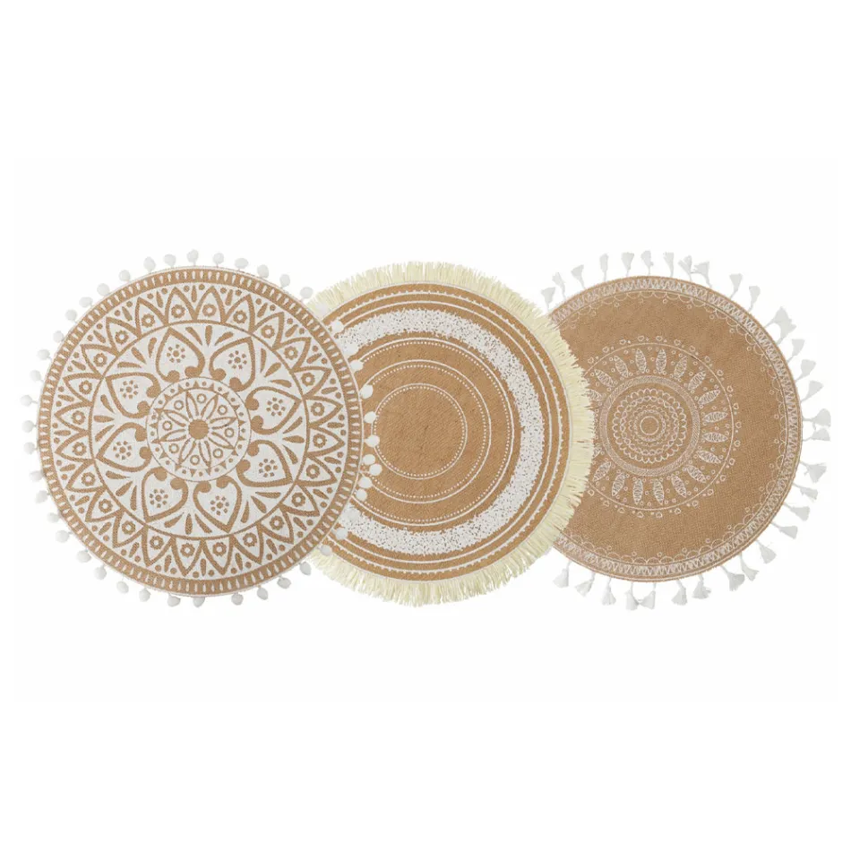 Okrągła podkładka śniadaniowa z juty i 3 białe dekoracje 12 szt. - Cassiode Viadurini
