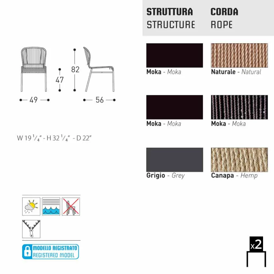 Varaschin Cricket krzesło zewnątrz nowoczesny tkane ręcznie, 2 szt Viadurini