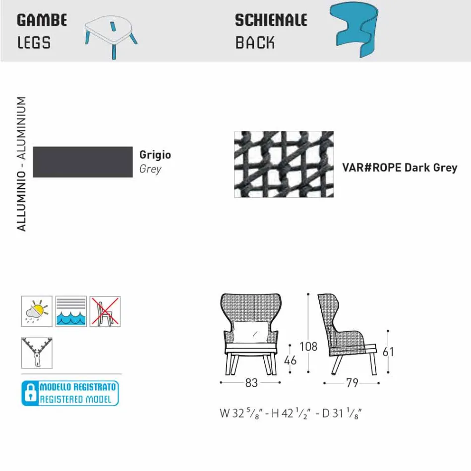 Nowoczesny fotel zewnętrzny Varaschin Emma z zagłówkiem z tkaniny Viadurini