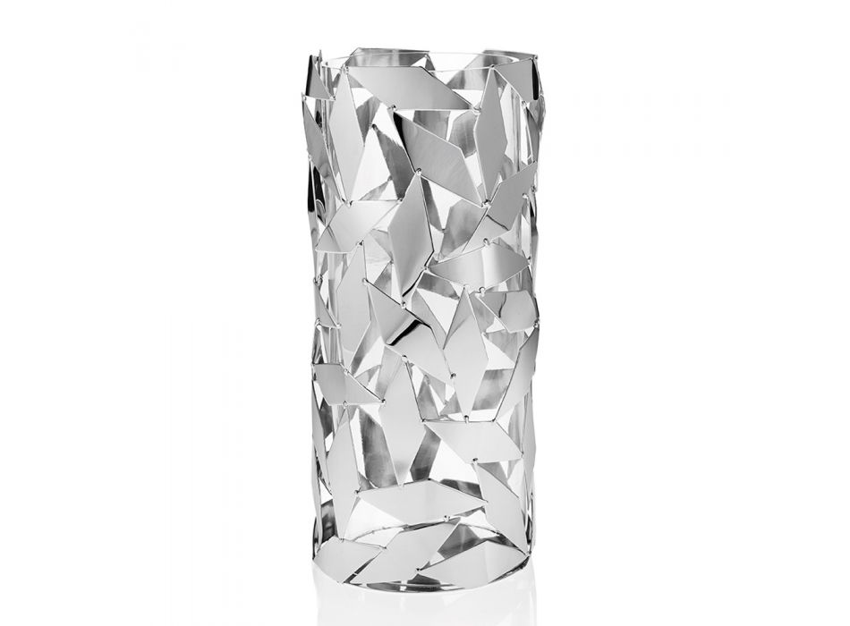 Cylindryczny wazon ze szkła i srebrnych metalowych luksusowych geometrycznych dekoracji - Torresi Viadurini