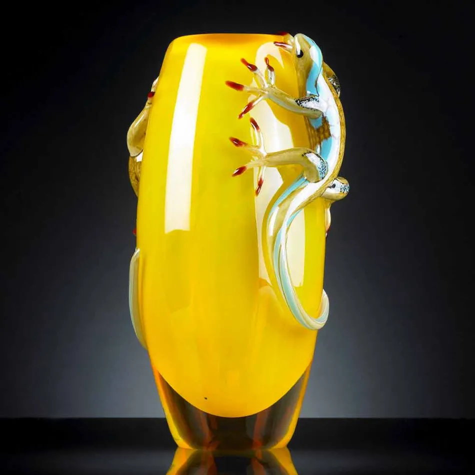 Wazon witrażowy z gekonami ręcznie robiony we Włoszech - Geco Viadurini