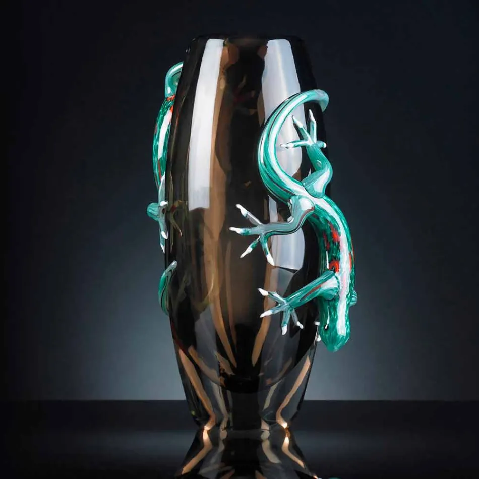 Wazon witrażowy z gekonami ręcznie robiony we Włoszech - Geco Viadurini