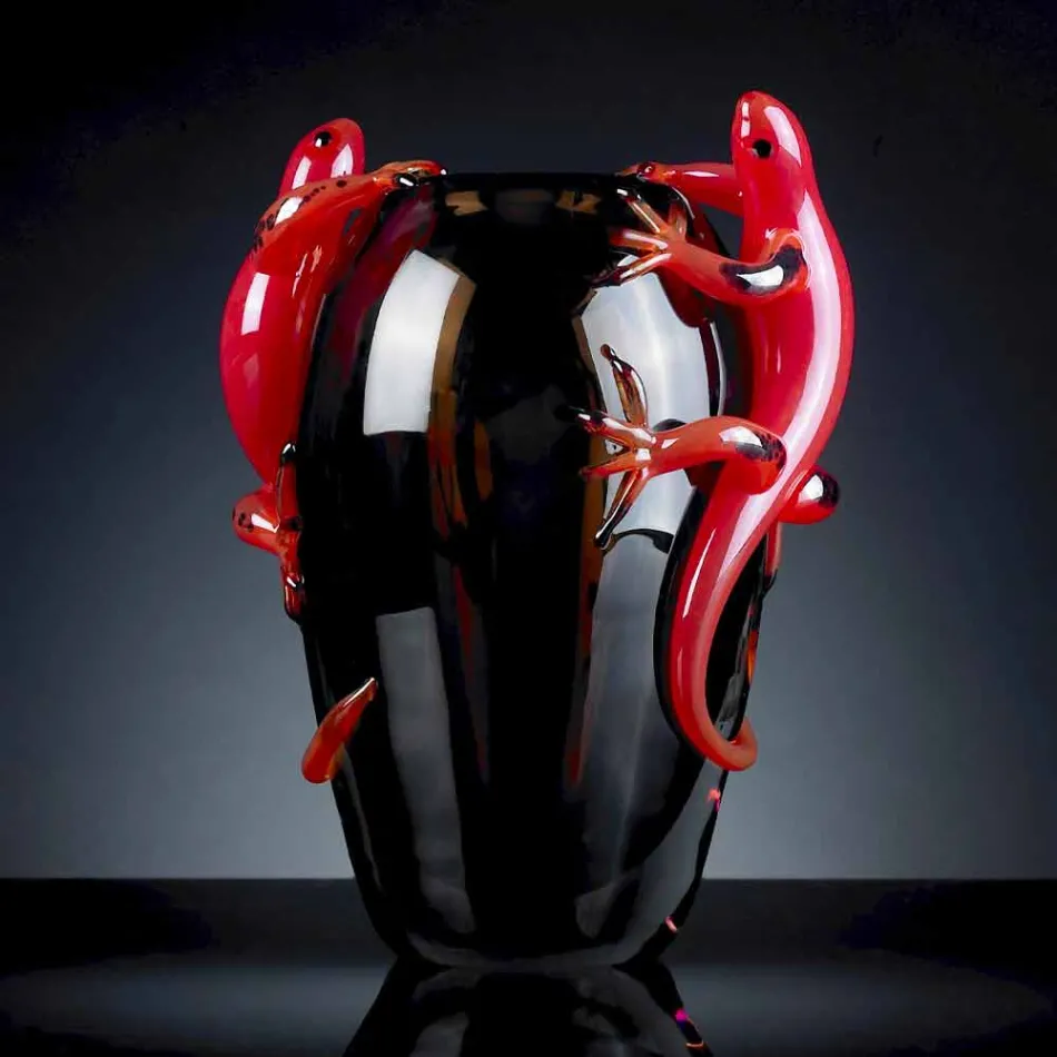 Wazon witrażowy z gekonami ręcznie robiony we Włoszech - Geco Viadurini