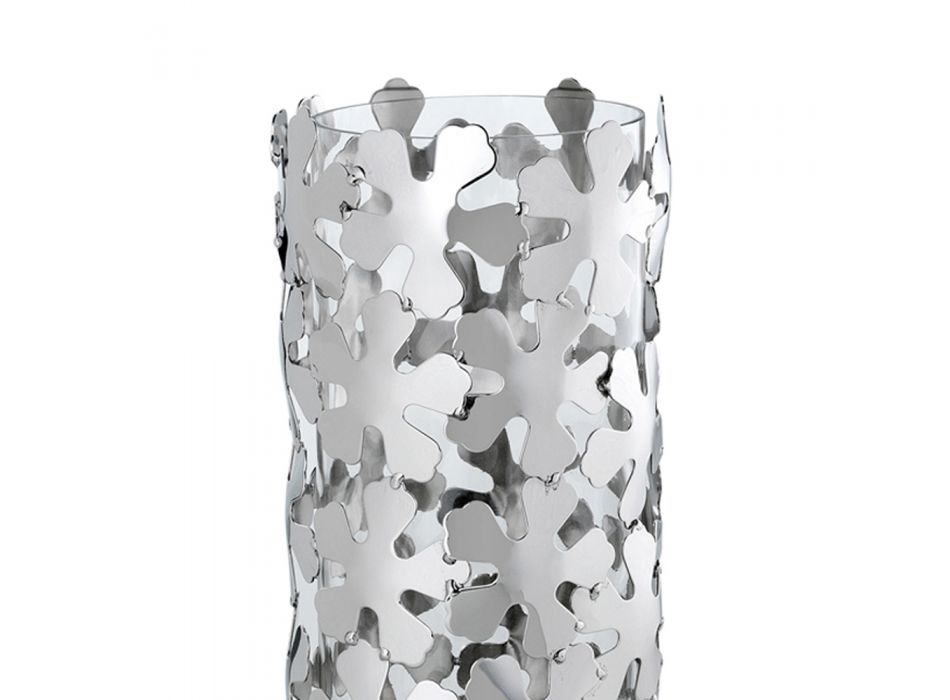 Wazon w srebrnym metalu i szkle Elegancki cylindryczny wzór z kwiatami - Megghy Viadurini