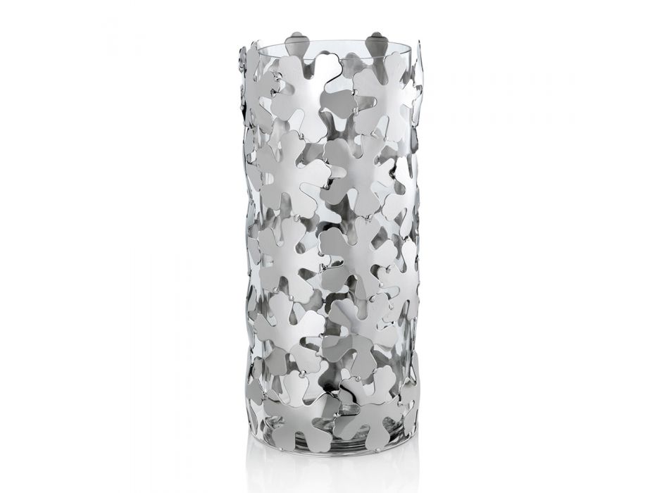Wazon w srebrnym metalu i szkle Elegancki cylindryczny wzór z kwiatami - Megghy Viadurini