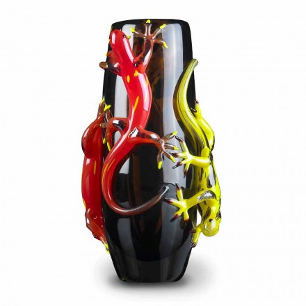 Kolorowy szklany wazon z gekonami wykonany ręcznie we Włoszech - Geco Viadurini