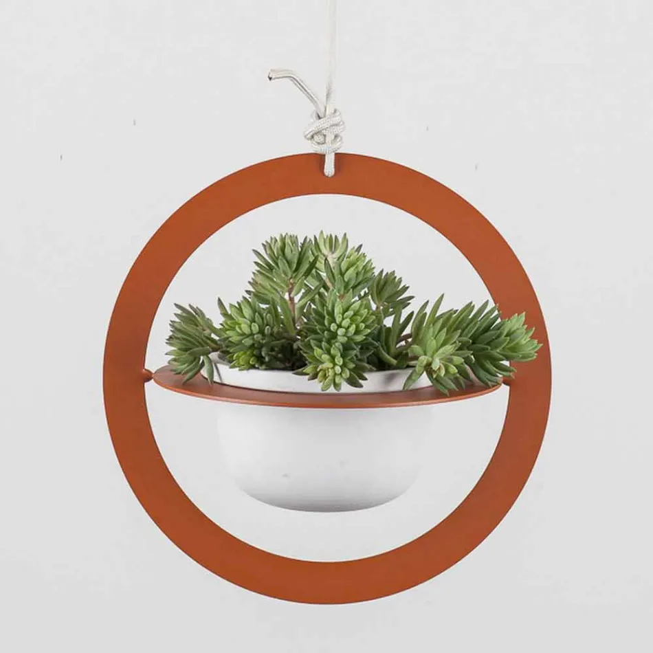 Wiszący wazon na kwiaty ze stali i ceramiki Made in Italy - Leotta Viadurini