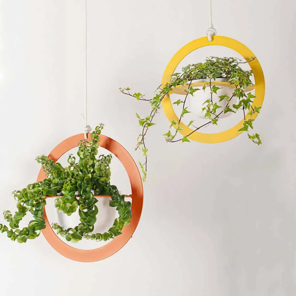 Wiszący wazon na kwiaty ze stali i ceramiki Made in Italy - Leotta Viadurini