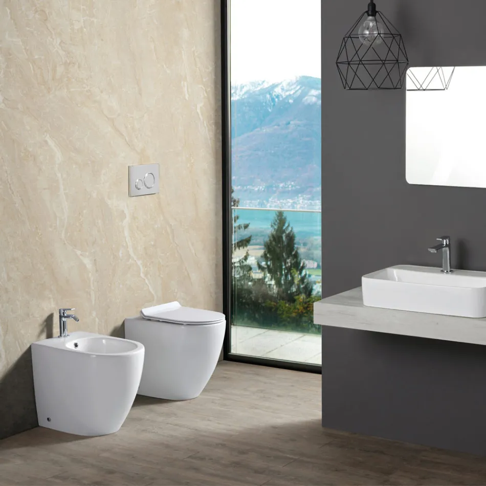 Aster White Ceramic Rimless Floor Mounted Toaleta z wolnoopadającą deską sedesową   Viadurini