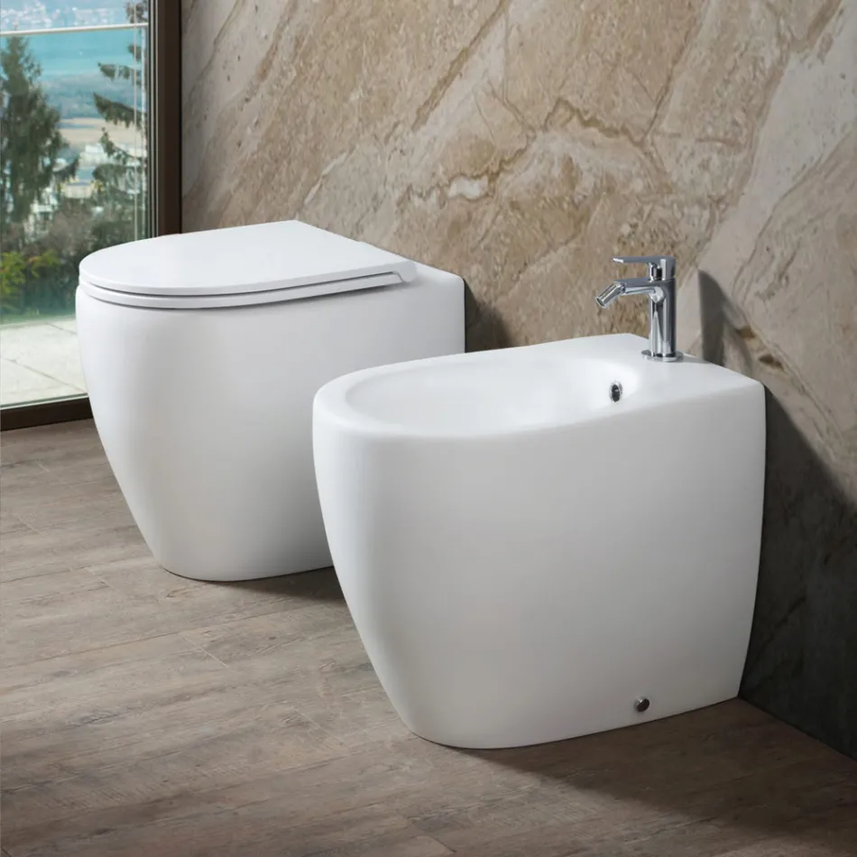 Dwukolorowa matowa ceramiczna toaleta bezrantowa Aster z wolnoopadającą deską sedesową   Viadurini